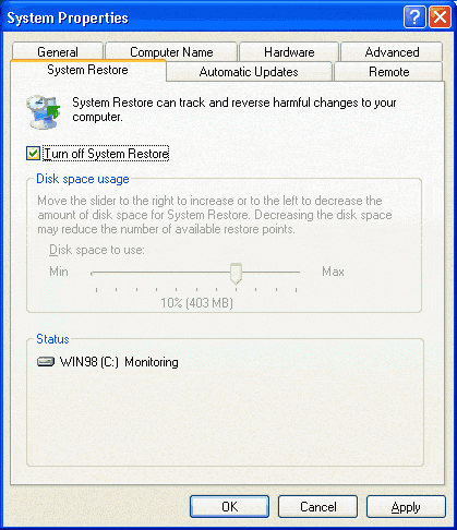 Windows XP disable system restore